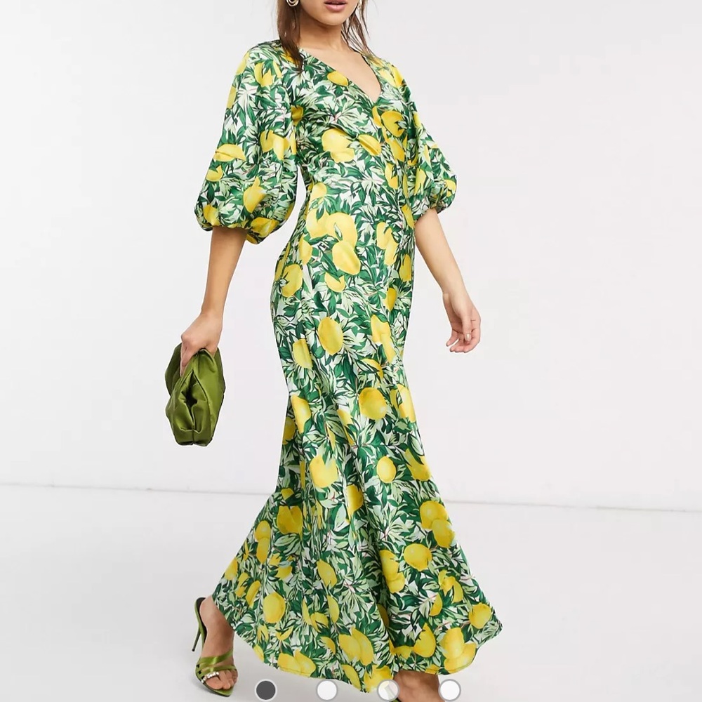 ASOS DESIGN satin trapeze maxi dress with puff sleeves in lemon print